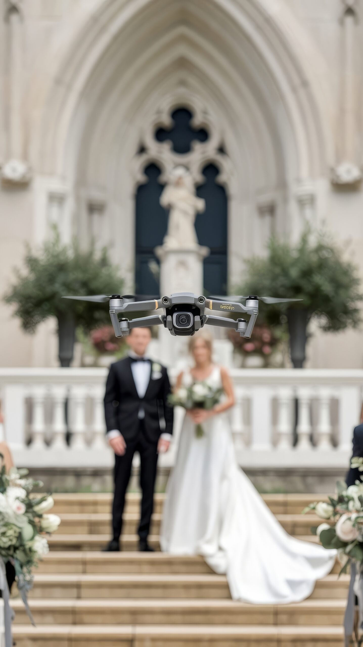 little flying drone wedding flying white chrs with de groom bride defo