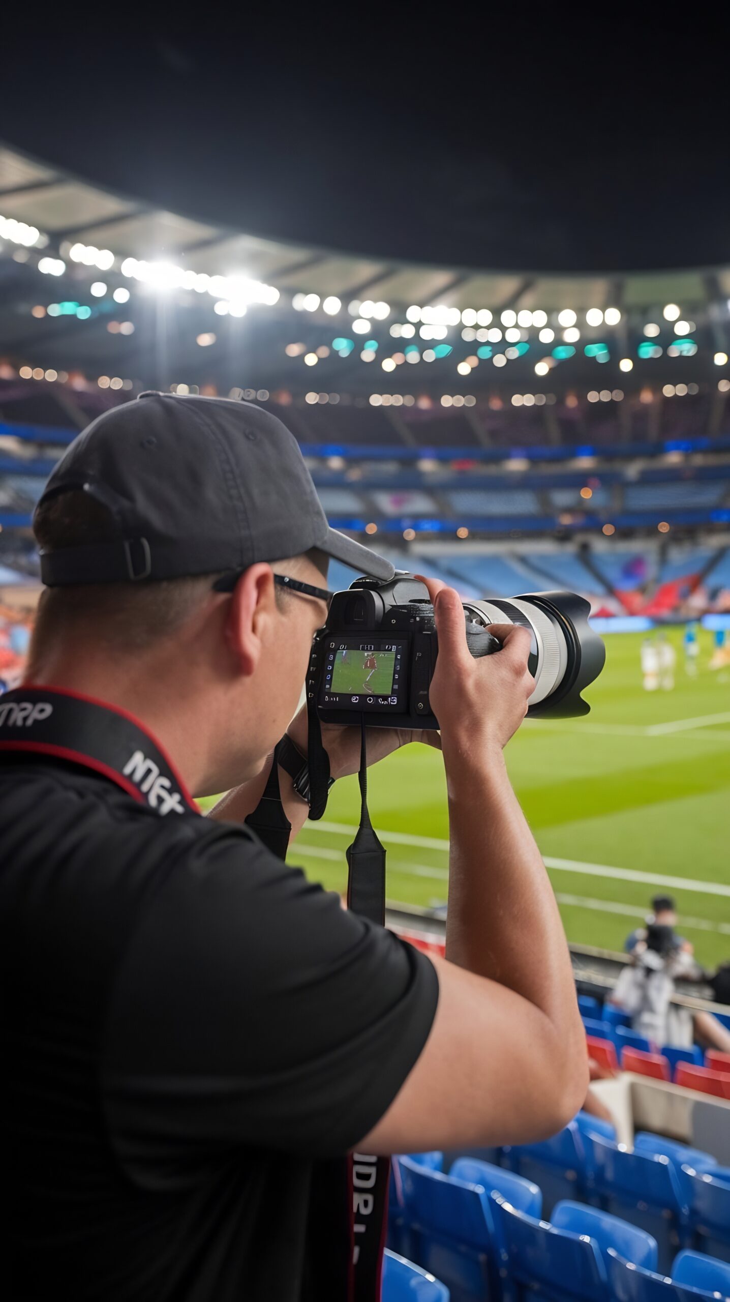professional press officer sports photographers with camera zoom lens shooting football championsh
